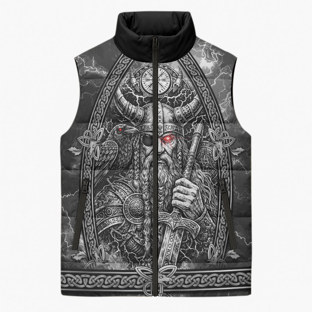 Viking Warrior Raven Axe Vegvisir Sleeveless Puffer Jacket Odin Warrior Nordic Runic Engraved Illustration Style