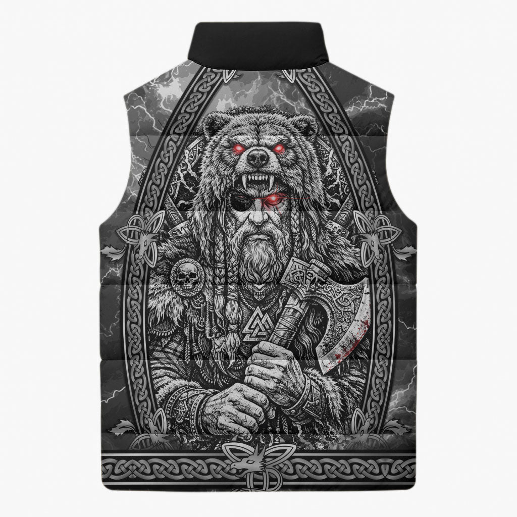Viking Warrior Raven Axe Vegvisir Sleeveless Puffer Jacket Odin Warrior Nordic Runic Engraved Illustration Style