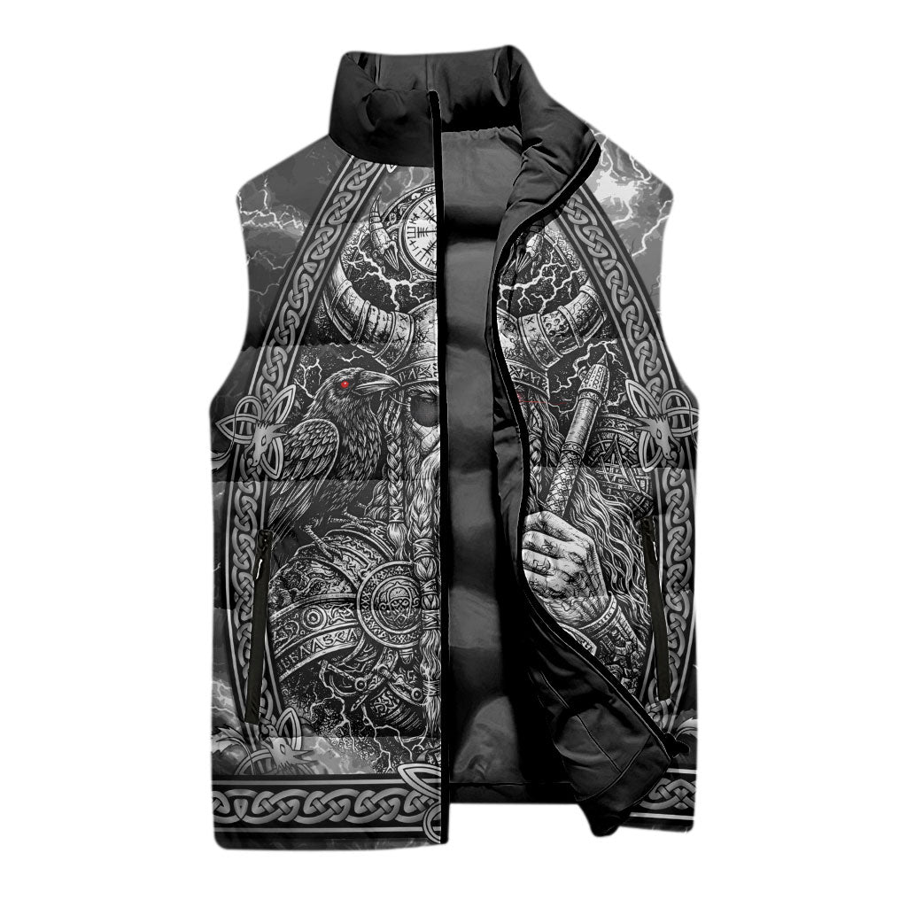 Viking Warrior Raven Axe Vegvisir Sleeveless Puffer Jacket Odin Warrior Nordic Runic Engraved Illustration Style