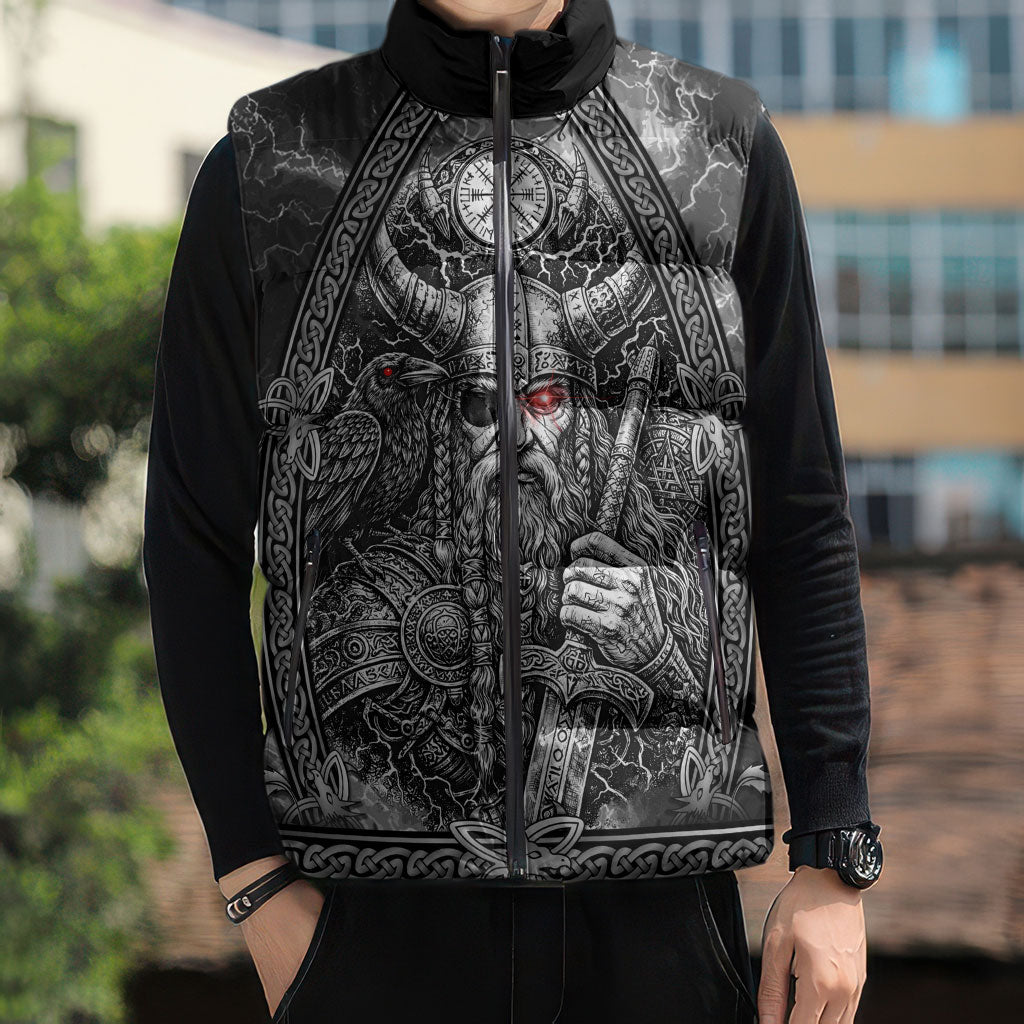 Viking Warrior Raven Axe Vegvisir Sleeveless Puffer Jacket Odin Warrior Nordic Runic Engraved Illustration Style