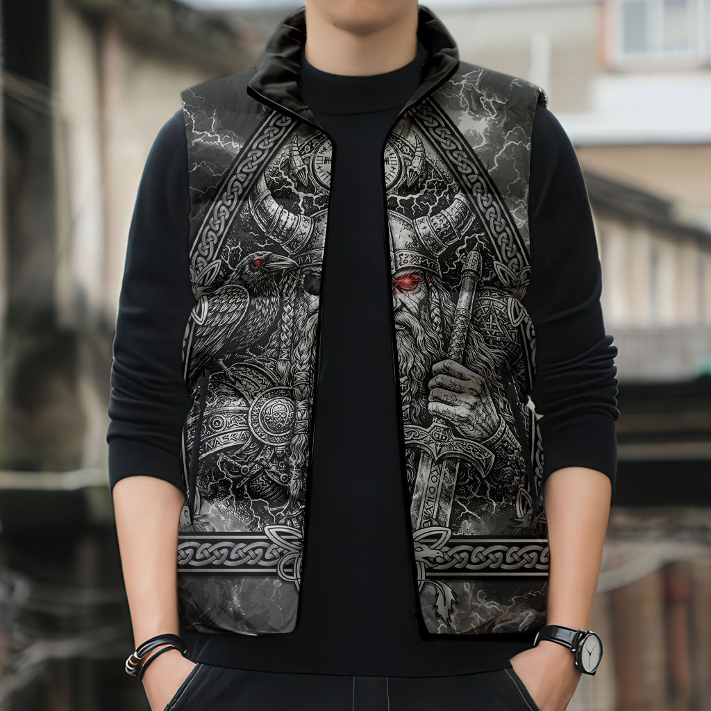 Viking Warrior Raven Axe Vegvisir Sleeveless Puffer Jacket Odin Warrior Nordic Runic Engraved Illustration Style