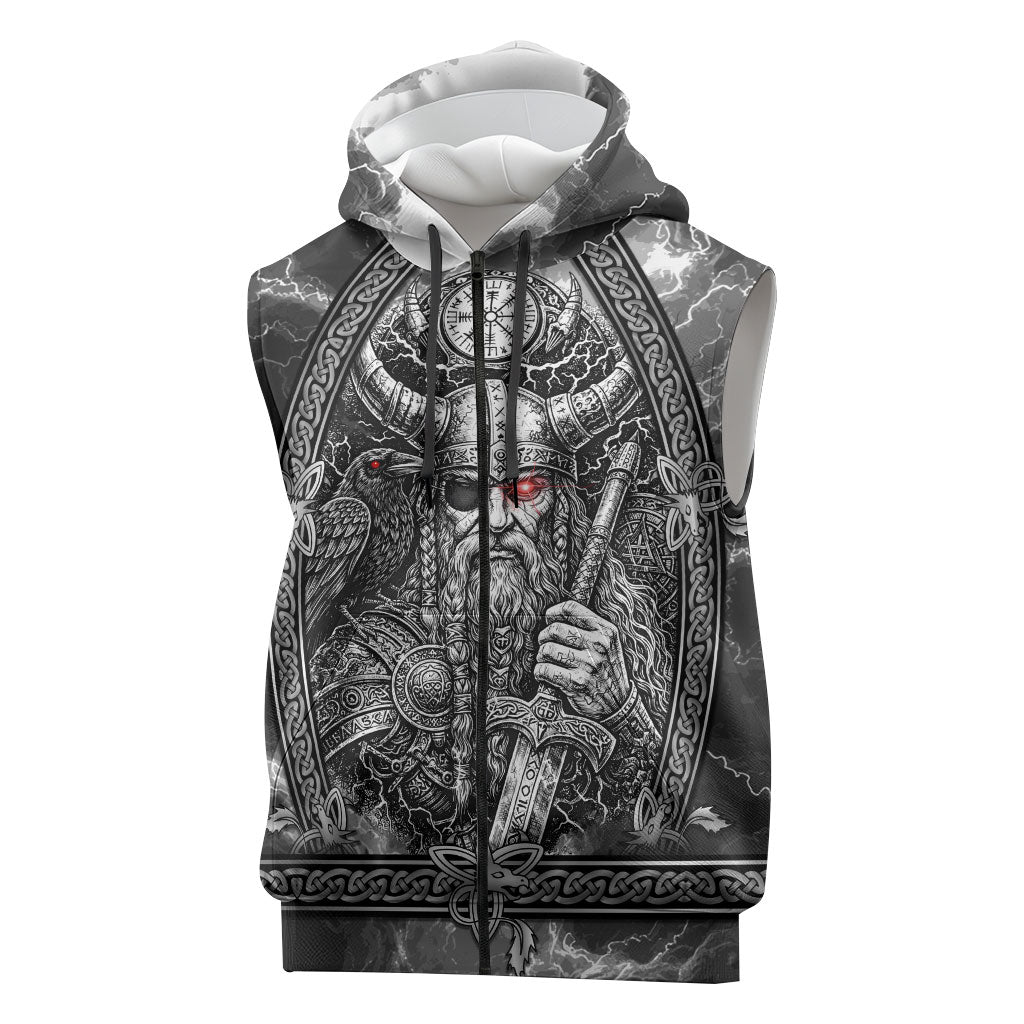 Viking Warrior Raven Axe Vegvisir Sleeveless Zip Hoodie Odin Warrior Nordic Runic Engraved Illustration Style