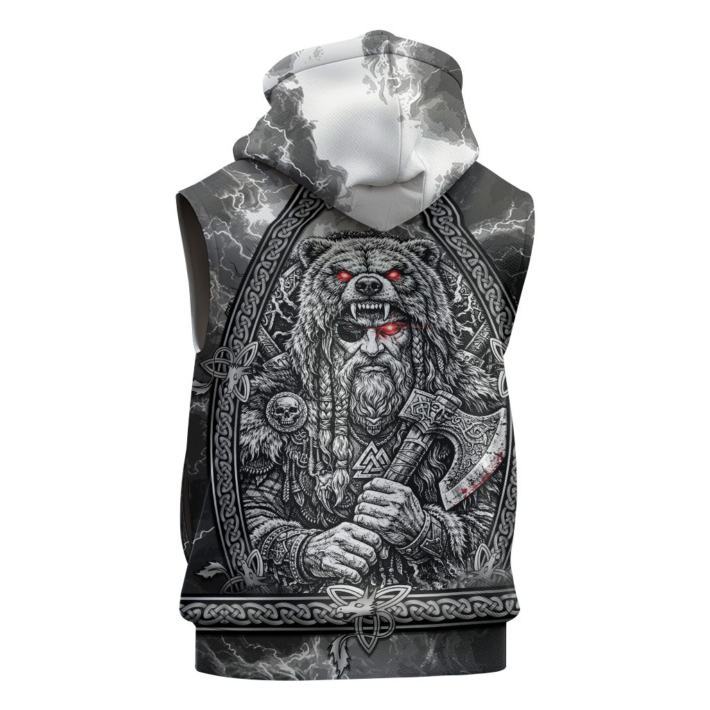 Viking Warrior Raven Axe Vegvisir Sleeveless Zip Hoodie Odin Warrior Nordic Runic Engraved Illustration Style