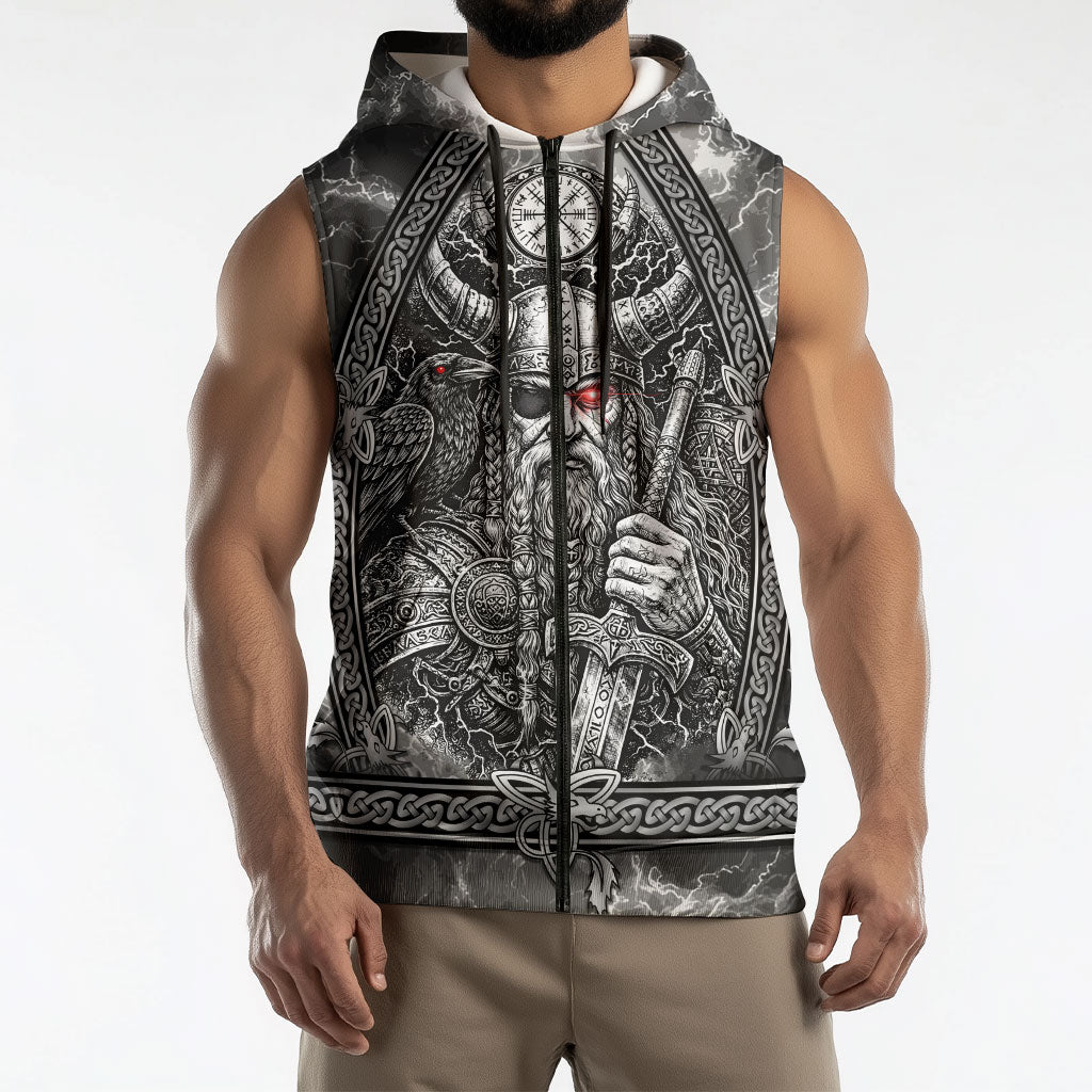 Viking Warrior Raven Axe Vegvisir Sleeveless Zip Hoodie Odin Warrior Nordic Runic Engraved Illustration Style