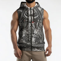 Viking Warrior Raven Axe Vegvisir Sleeveless Zip Hoodie Odin Warrior Nordic Runic Engraved Illustration Style