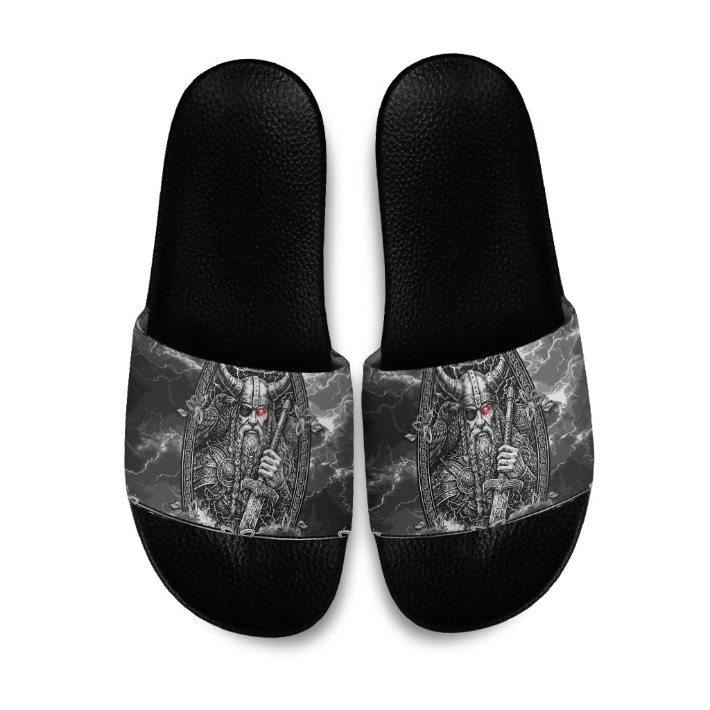 Viking Warrior Raven Axe Vegvisir Slide Sandals Odin Warrior Nordic Runic Engraved Illustration Style