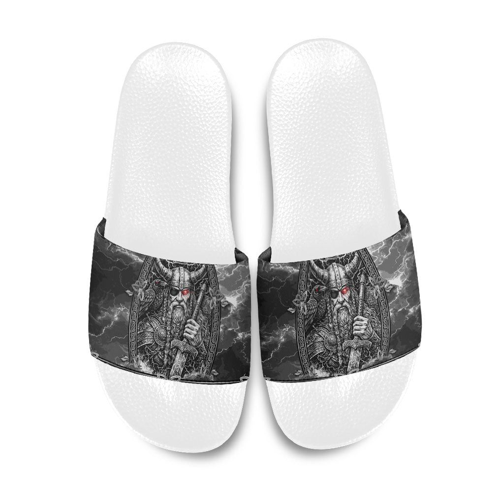 Viking Warrior Raven Axe Vegvisir Slide Sandals Odin Warrior Nordic Runic Engraved Illustration Style