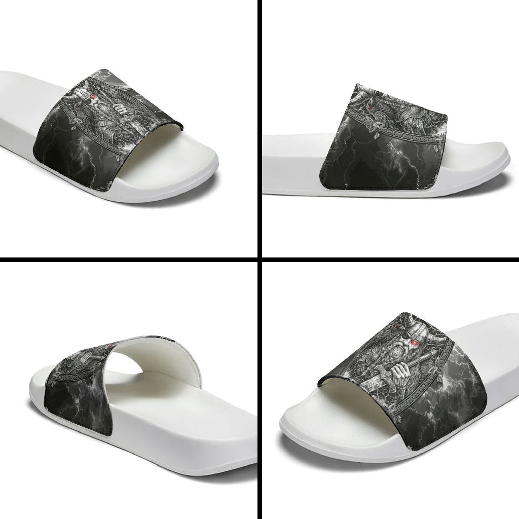 Viking Warrior Raven Axe Vegvisir Slide Sandals Odin Warrior Nordic Runic Engraved Illustration Style