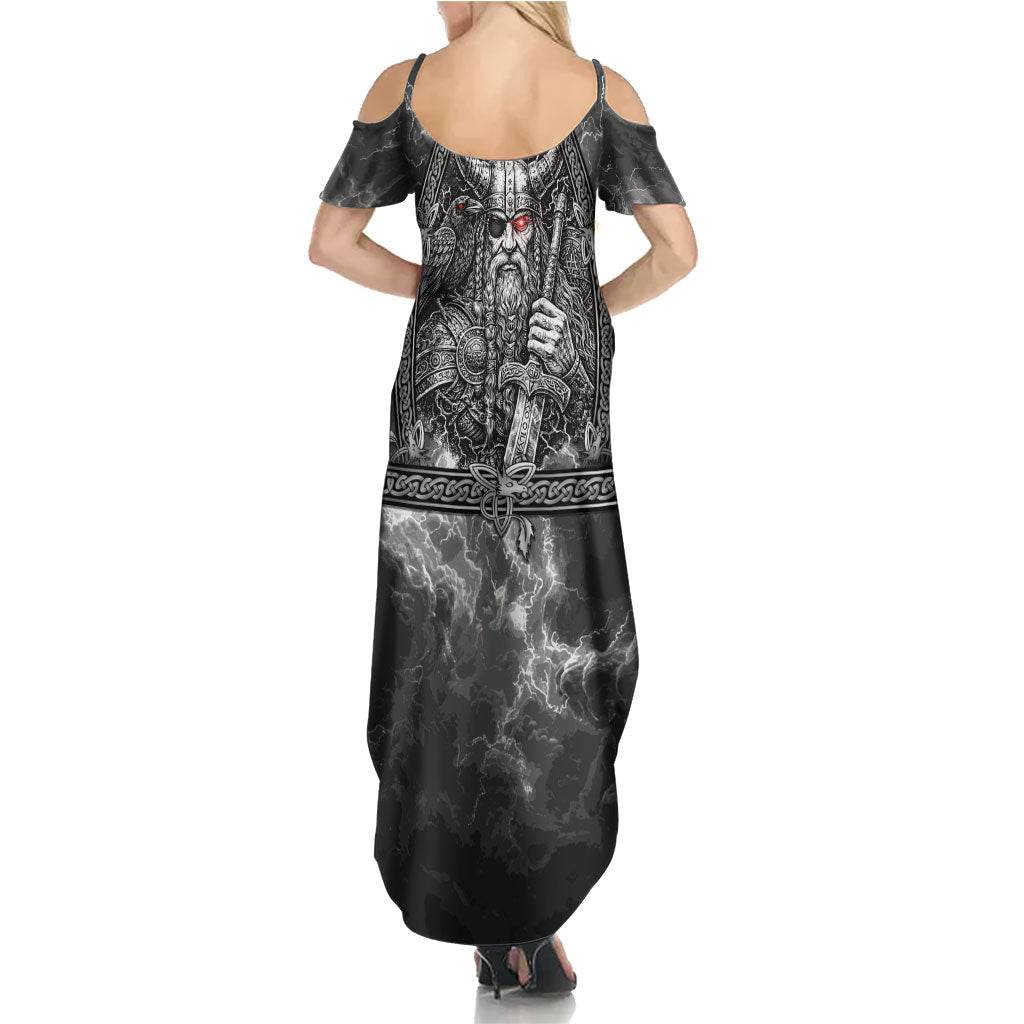Viking Warrior Raven Axe Vegvisir Summer Maxi Dress Odin Warrior Nordic Runic Engraved Illustration Style