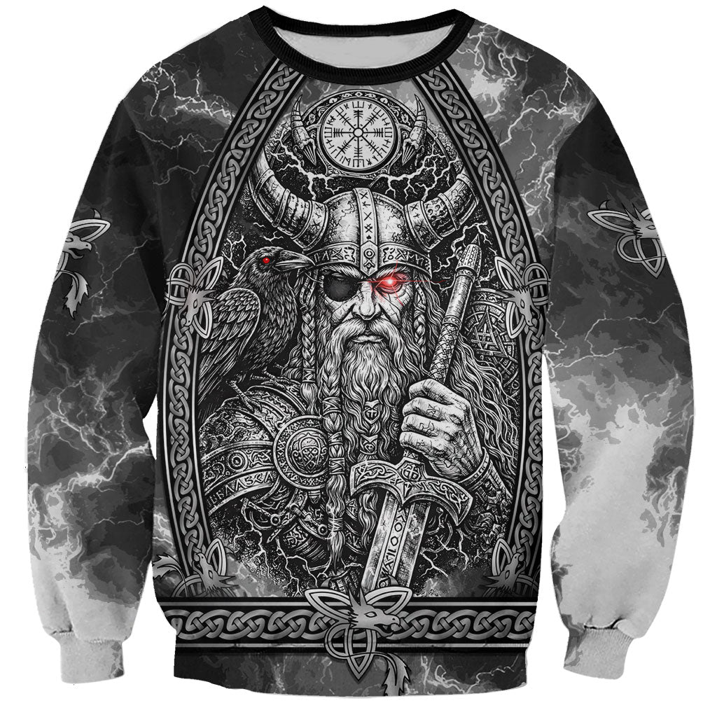 Viking Warrior Raven Axe Vegvisir Sweatshirt Odin Warrior Nordic Runic Engraved Illustration Style