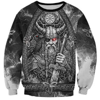 Viking Warrior Raven Axe Vegvisir Sweatshirt Odin Warrior Nordic Runic Engraved Illustration Style