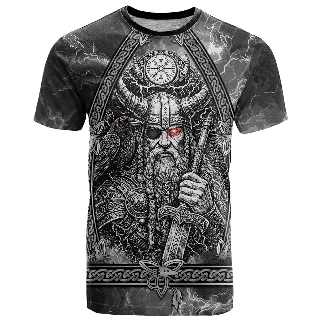 Viking Warrior Raven Axe Vegvisir T Shirt Odin Warrior Nordic Runic Engraved Illustration Style