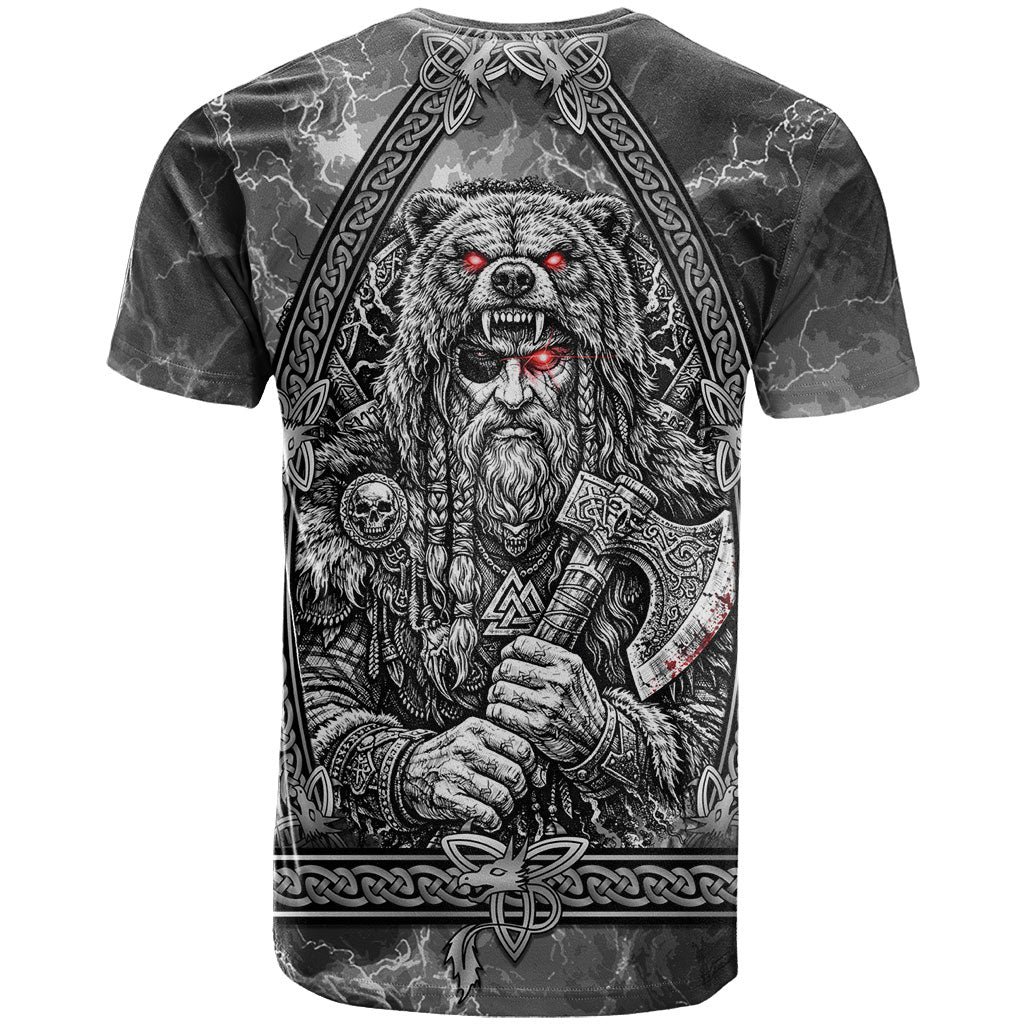 Viking Warrior Raven Axe Vegvisir T Shirt Odin Warrior Nordic Runic Engraved Illustration Style