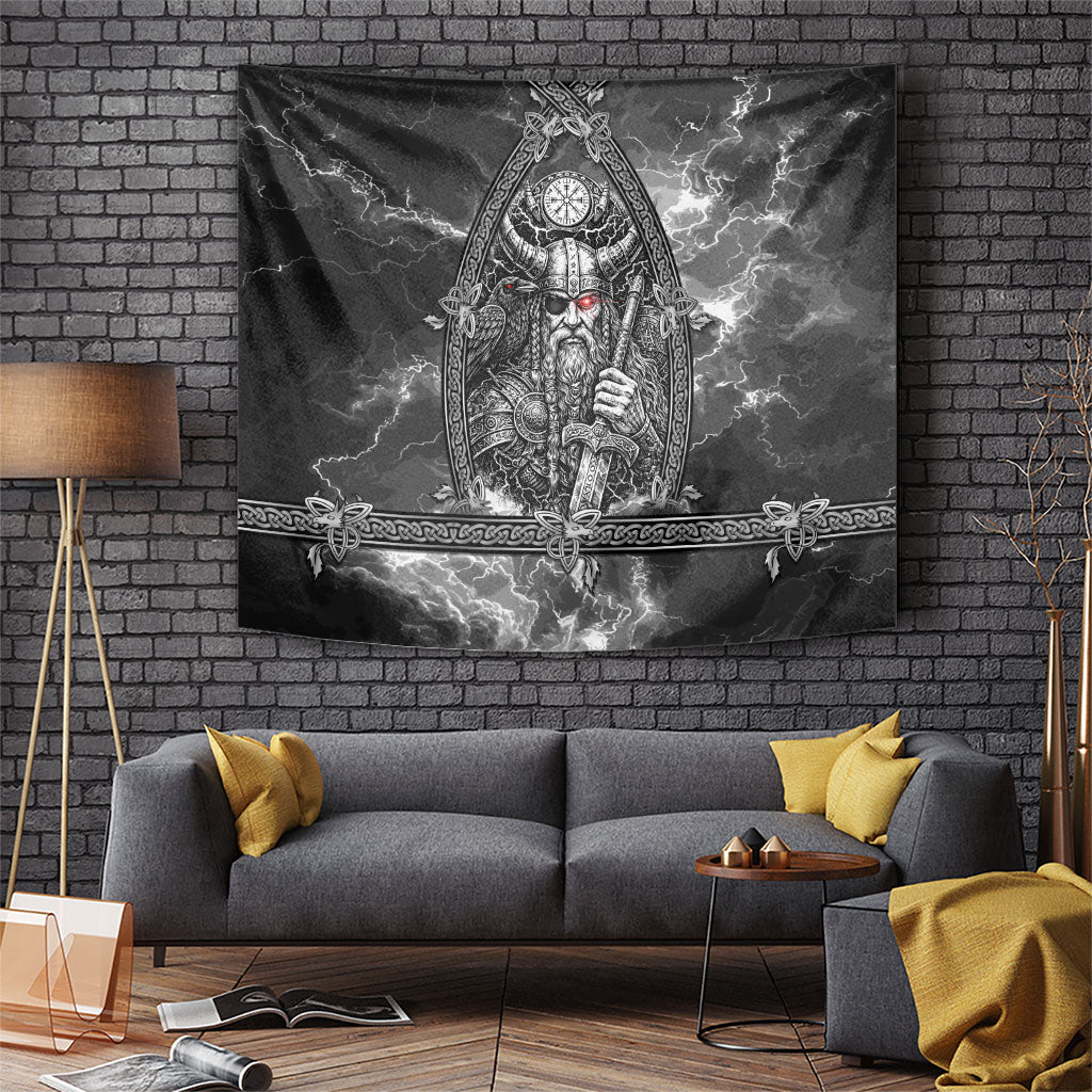 Viking Warrior Raven Axe Vegvisir Tapestry Odin Warrior Nordic Runic Engraved Illustration Style