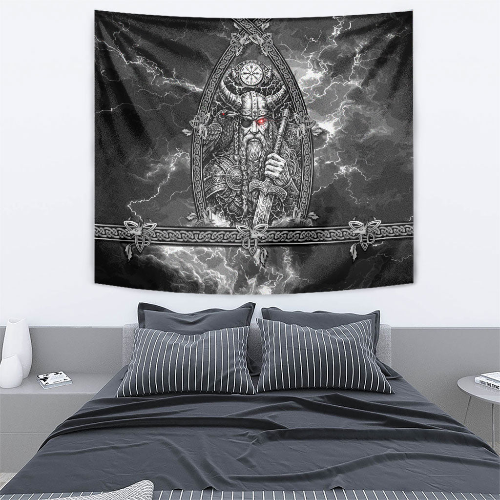 Viking Warrior Raven Axe Vegvisir Tapestry Odin Warrior Nordic Runic Engraved Illustration Style