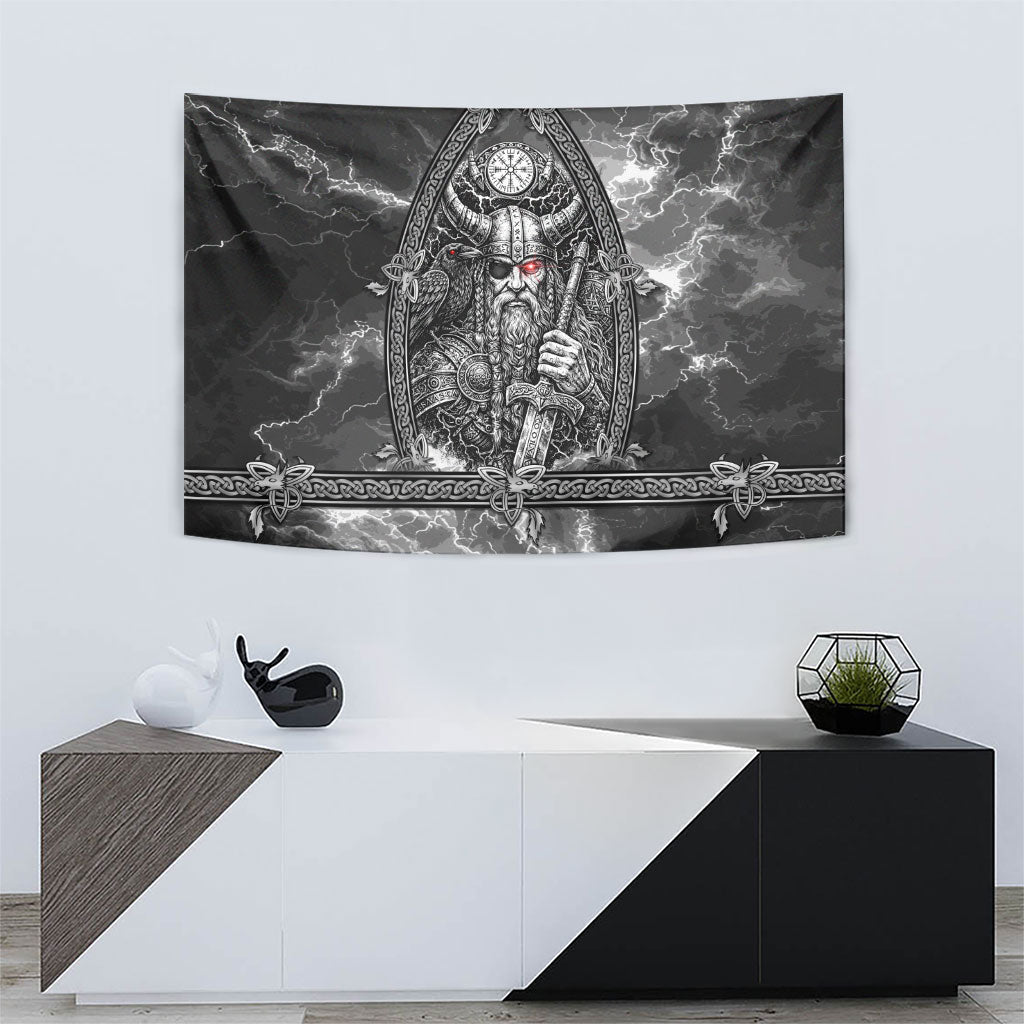 Viking Warrior Raven Axe Vegvisir Tapestry Odin Warrior Nordic Runic Engraved Illustration Style