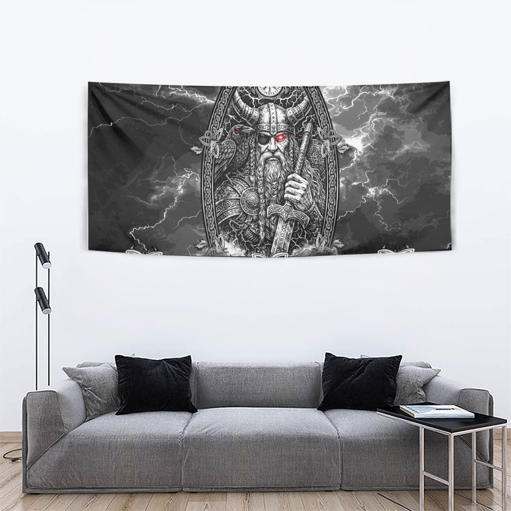 Viking Warrior Raven Axe Vegvisir Tapestry Odin Warrior Nordic Runic Engraved Illustration Style