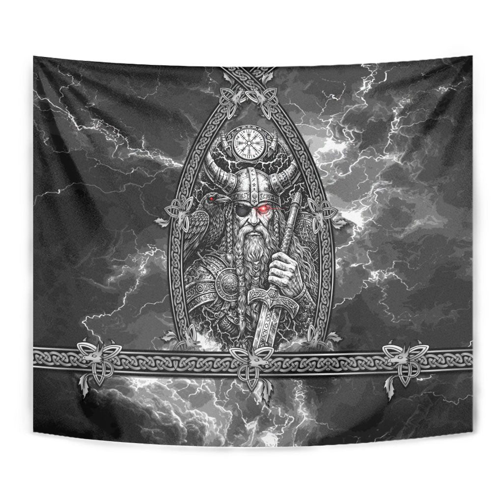 Viking Warrior Raven Axe Vegvisir Tapestry Odin Warrior Nordic Runic Engraved Illustration Style