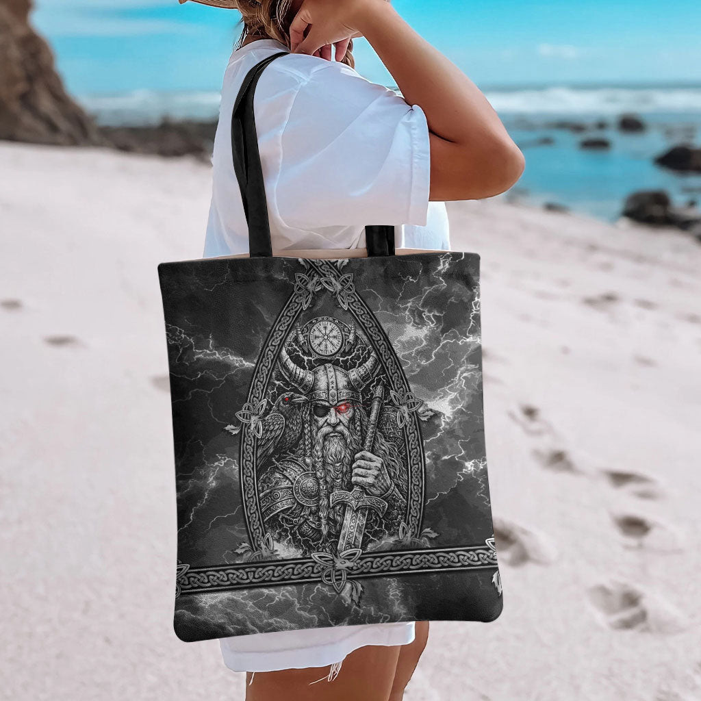 Viking Warrior Raven Axe Vegvisir Tote Bag Odin Warrior Nordic Runic Engraved Illustration Style