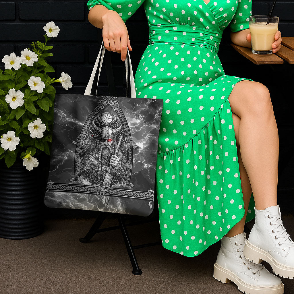 Viking Warrior Raven Axe Vegvisir Tote Bag Odin Warrior Nordic Runic Engraved Illustration Style
