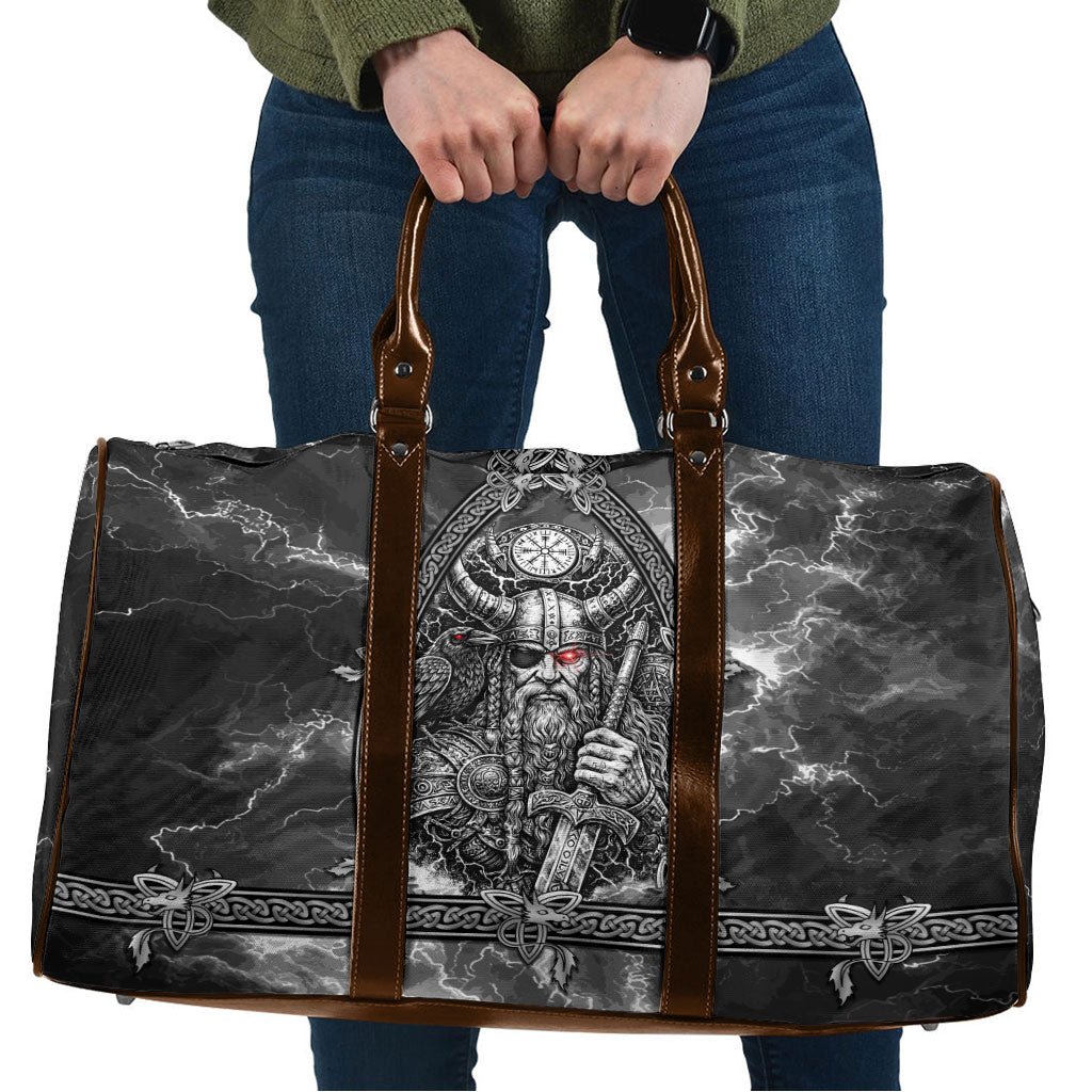 Viking Warrior Raven Axe Vegvisir Travel Bag Odin Warrior Nordic Runic Engraved Illustration Style