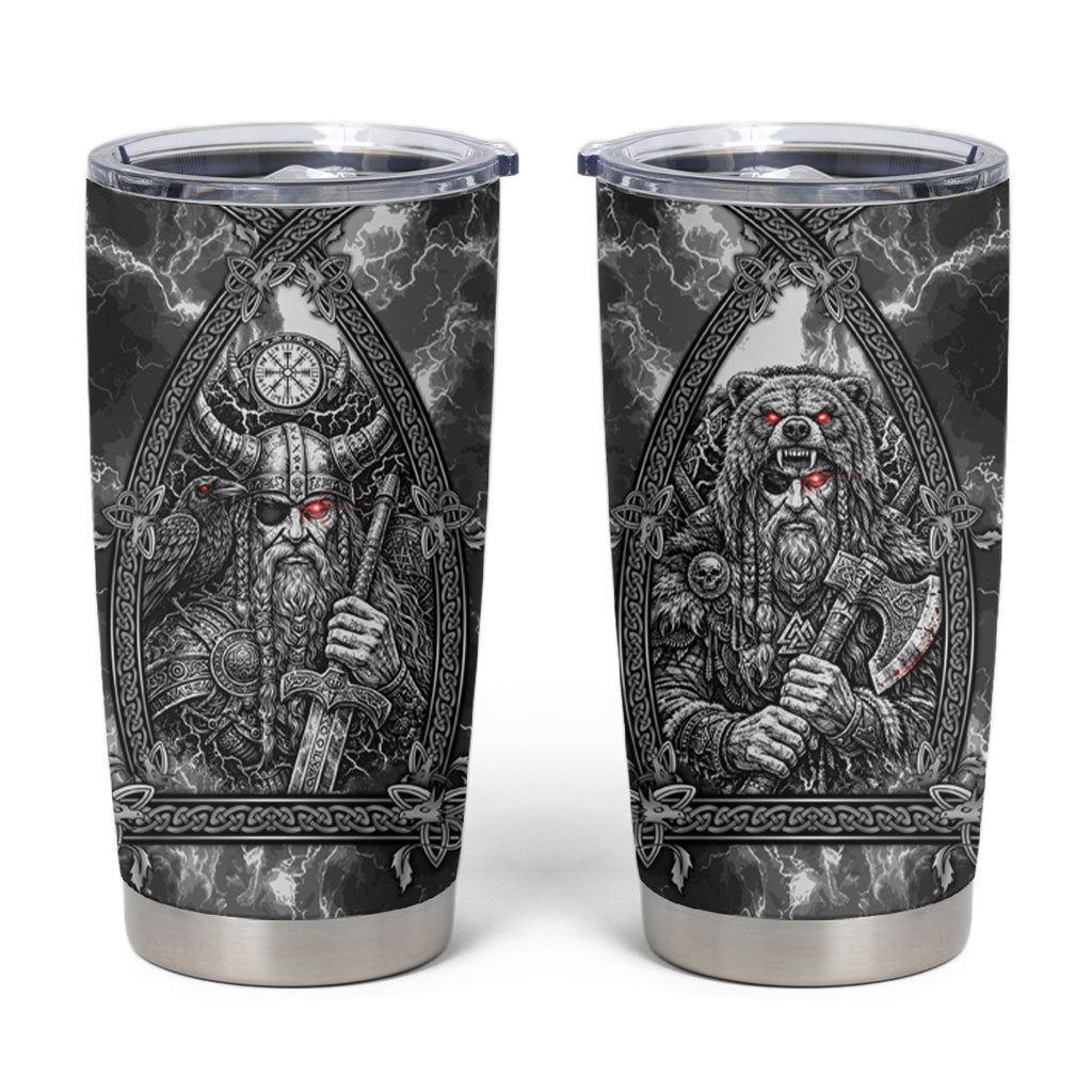 Viking Warrior Raven Axe Vegvisir Tumbler Cup Odin Warrior Nordic Runic Engraved Illustration Style