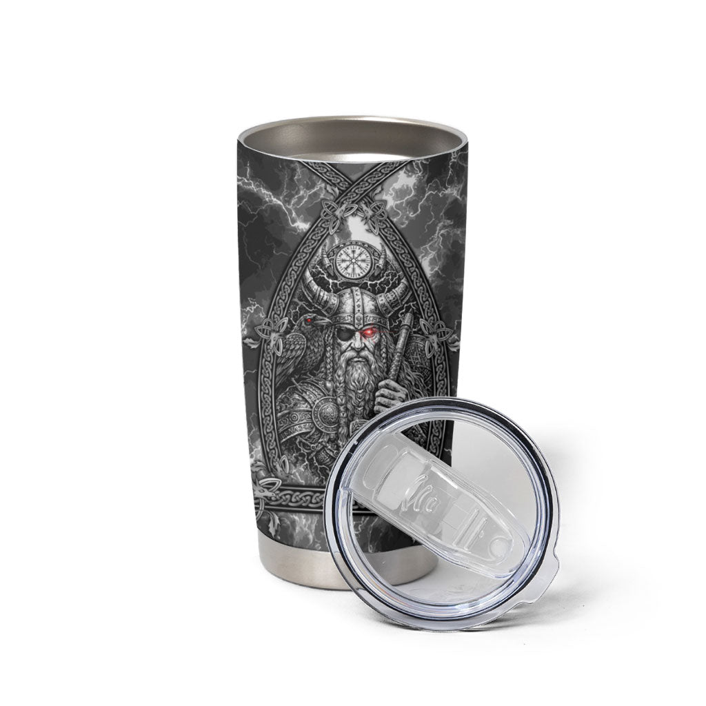 Viking Warrior Raven Axe Vegvisir Tumbler Cup Odin Warrior Nordic Runic Engraved Illustration Style
