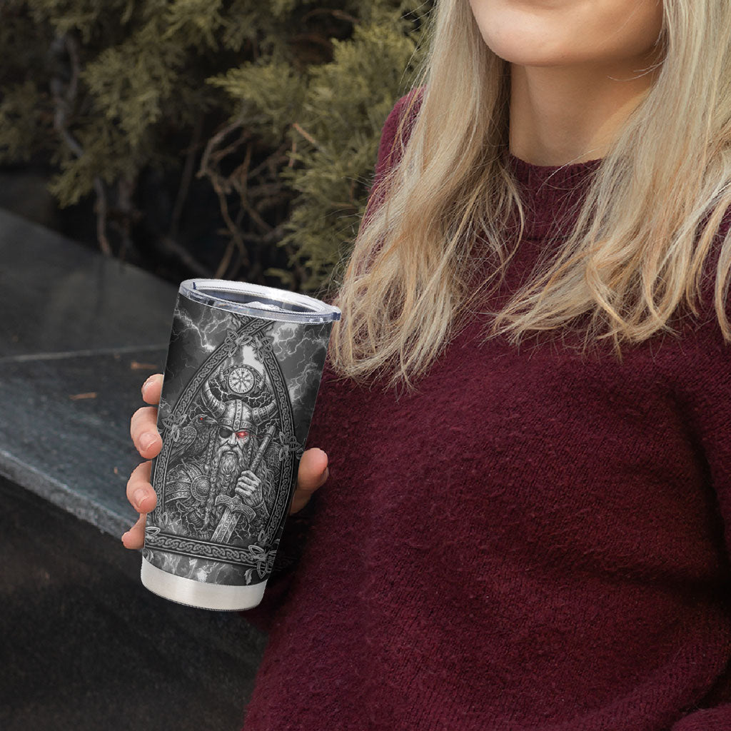 Viking Warrior Raven Axe Vegvisir Tumbler Cup Odin Warrior Nordic Runic Engraved Illustration Style