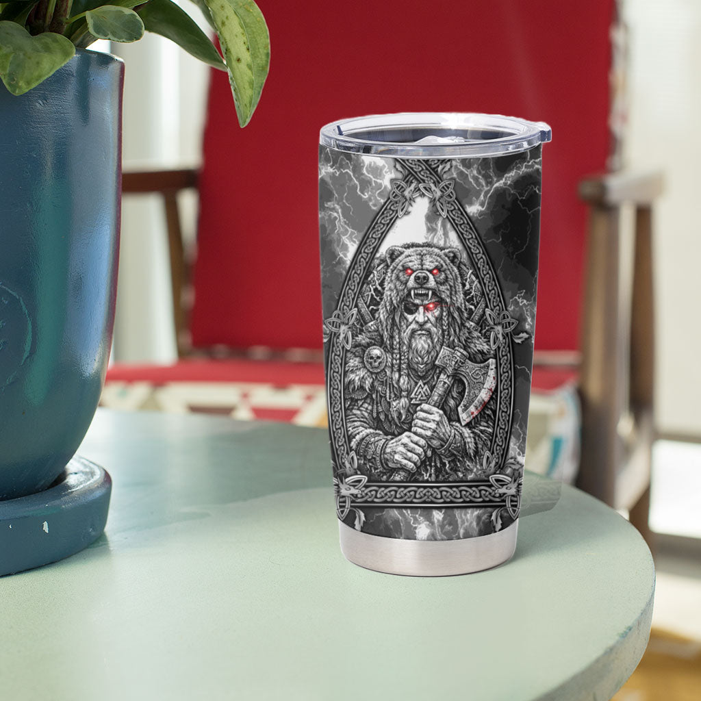 Viking Warrior Raven Axe Vegvisir Tumbler Cup Odin Warrior Nordic Runic Engraved Illustration Style