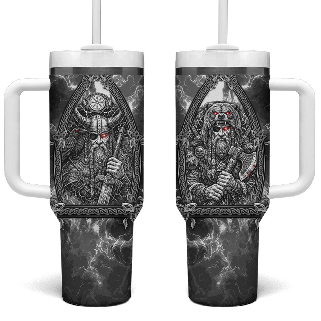 Viking Warrior Raven Axe Vegvisir Tumbler With Handle Odin Warrior Nordic Runic Engraved Illustration Style
