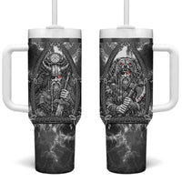 Viking Warrior Raven Axe Vegvisir Tumbler With Handle Odin Warrior Nordic Runic Engraved Illustration Style