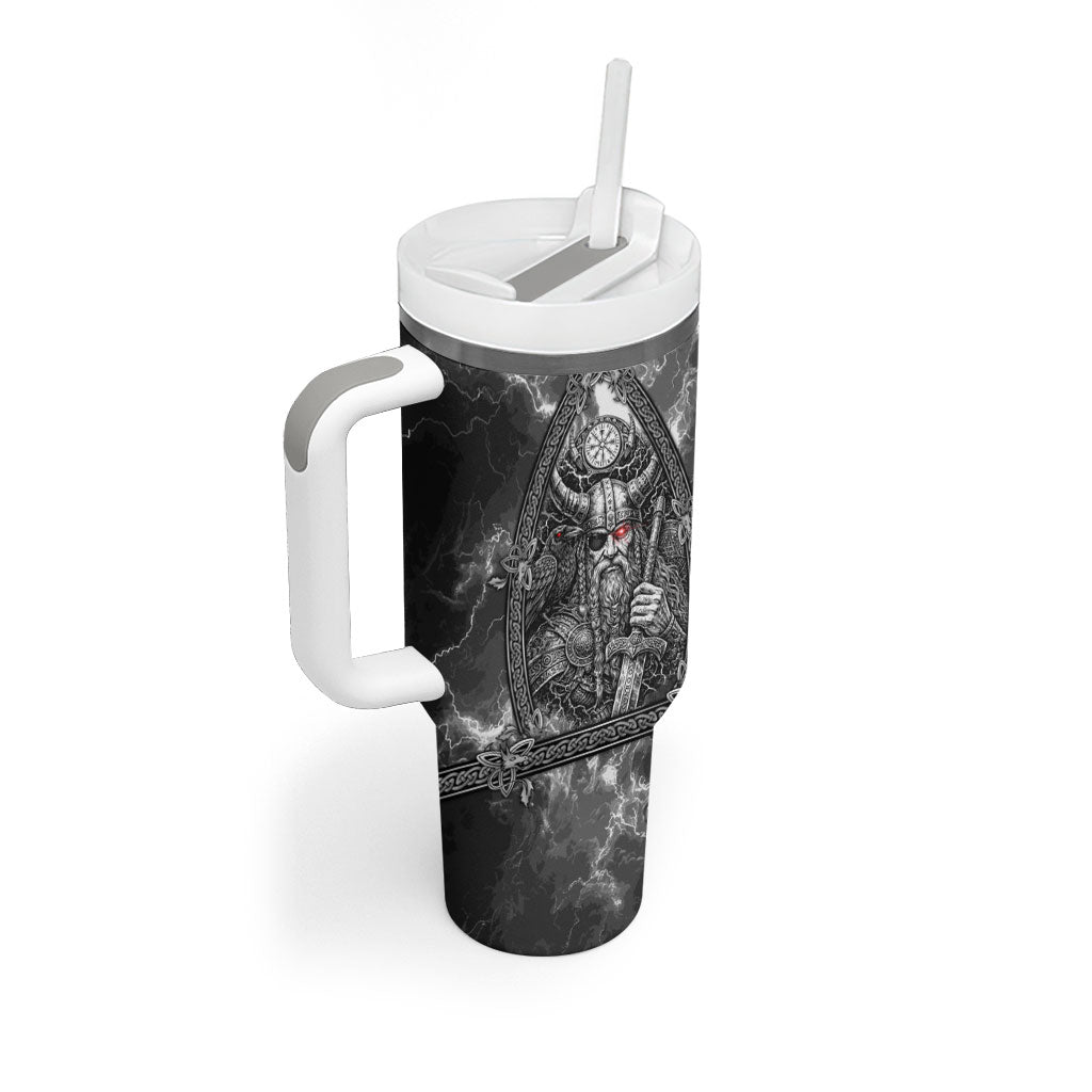 Viking Warrior Raven Axe Vegvisir Tumbler With Handle Odin Warrior Nordic Runic Engraved Illustration Style