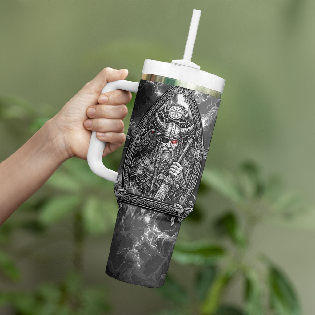 Viking Warrior Raven Axe Vegvisir Tumbler With Handle Odin Warrior Nordic Runic Engraved Illustration Style