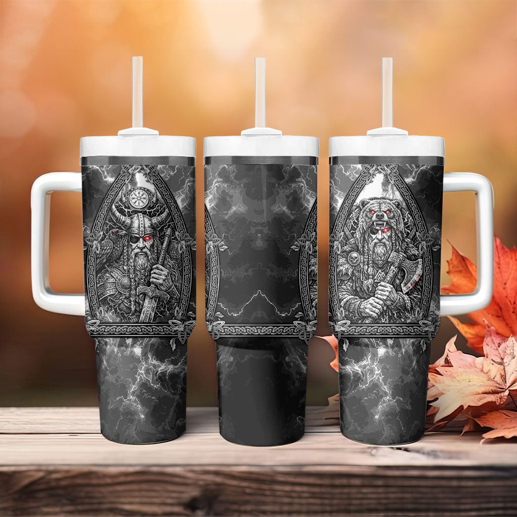 Viking Warrior Raven Axe Vegvisir Tumbler With Handle Odin Warrior Nordic Runic Engraved Illustration Style