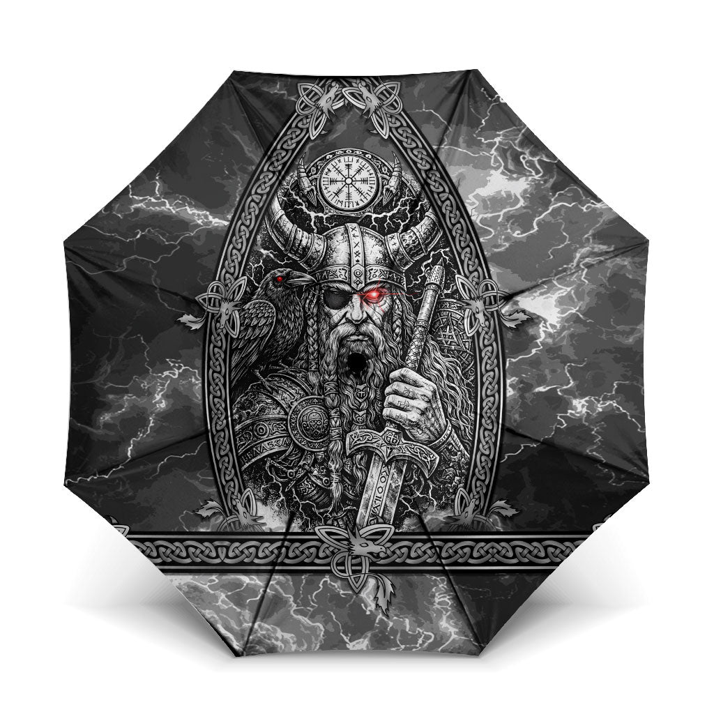 Viking Warrior Raven Axe Vegvisir Umbrella Odin Warrior Nordic Runic Engraved Illustration Style