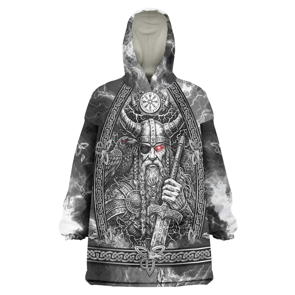 Viking Warrior Raven Axe Vegvisir Wearable Blanket Hoodie Odin Warrior Nordic Runic Engraved Illustration Style
