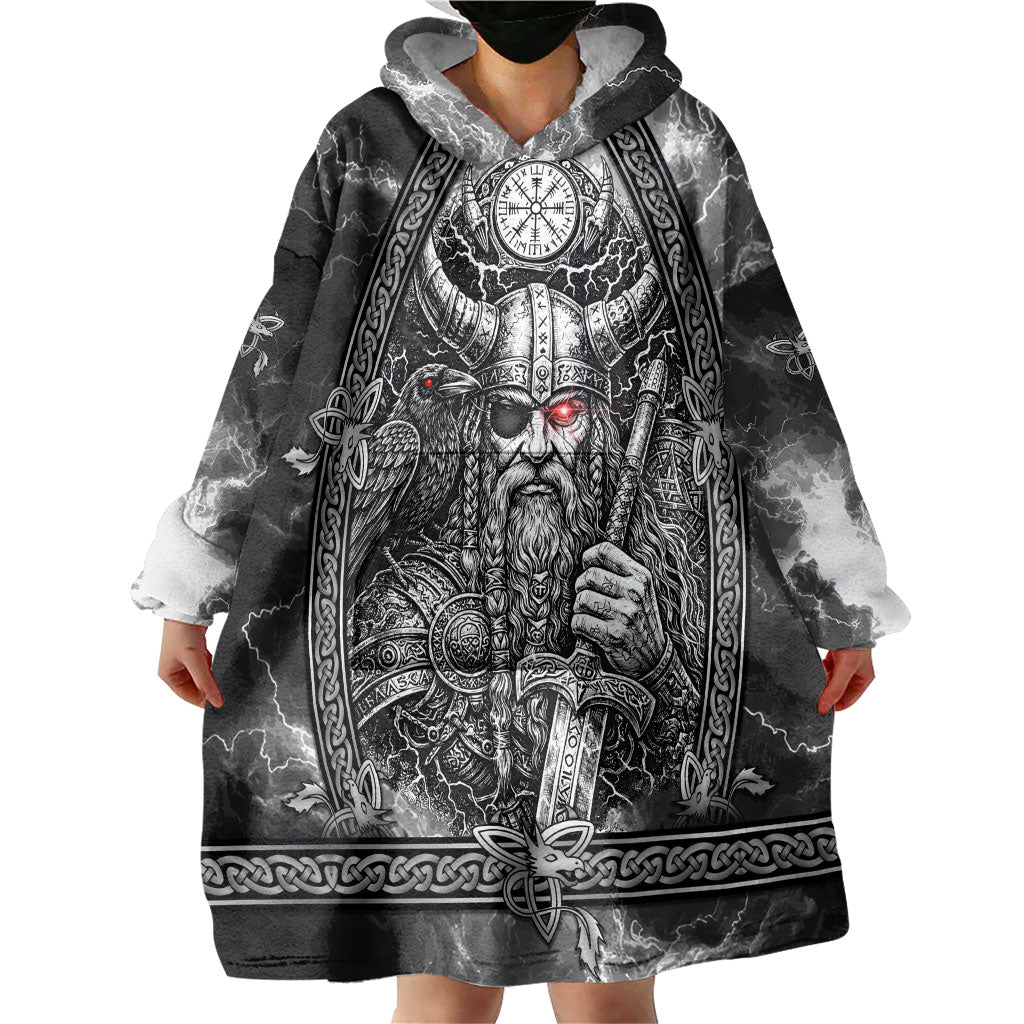 Viking Warrior Raven Axe Vegvisir Wearable Blanket Hoodie Odin Warrior Nordic Runic Engraved Illustration Style