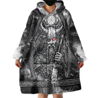 Viking Warrior Raven Axe Vegvisir Wearable Blanket Hoodie Odin Warrior Nordic Runic Engraved Illustration Style