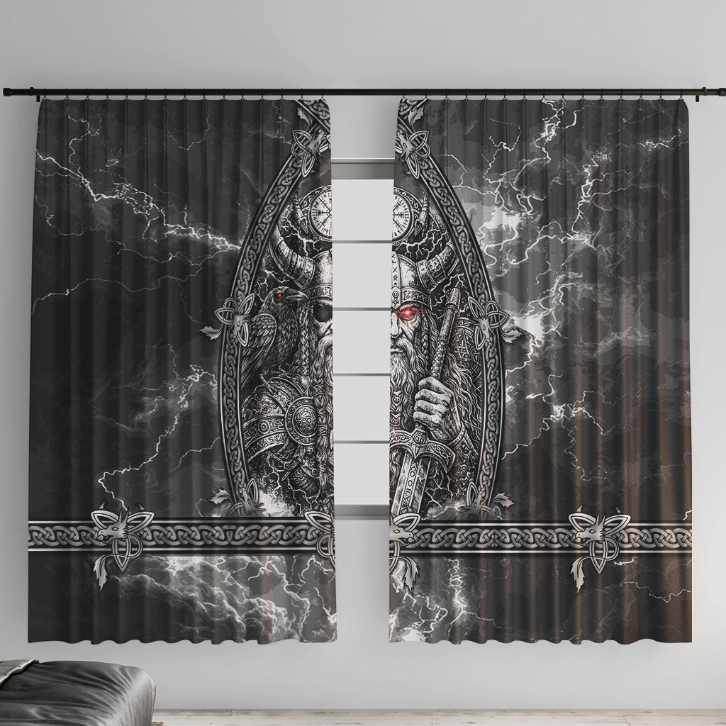 Viking Warrior Raven Axe Vegvisir Window Curtain Odin Warrior Nordic Runic Engraved Illustration Style