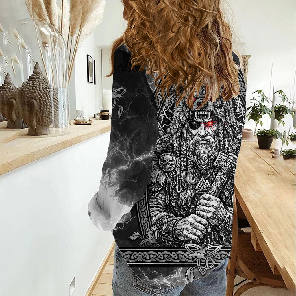 Viking Warrior Raven Axe Vegvisir Women Casual Shirt Odin Warrior Nordic Runic Engraved Illustration Style