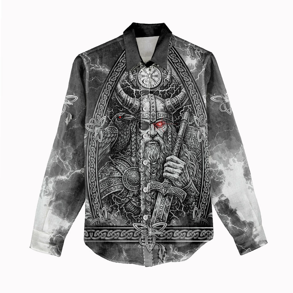 Viking Warrior Raven Axe Vegvisir Women Casual Shirt Odin Warrior Nordic Runic Engraved Illustration Style