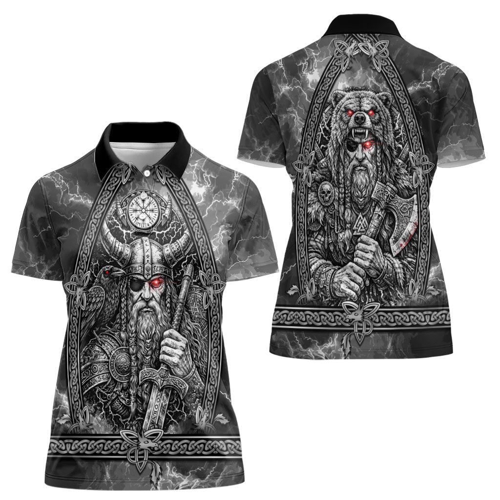 Viking Warrior Raven Axe Vegvisir Women Polo Shirt Odin Warrior Nordic Runic Engraved Illustration Style