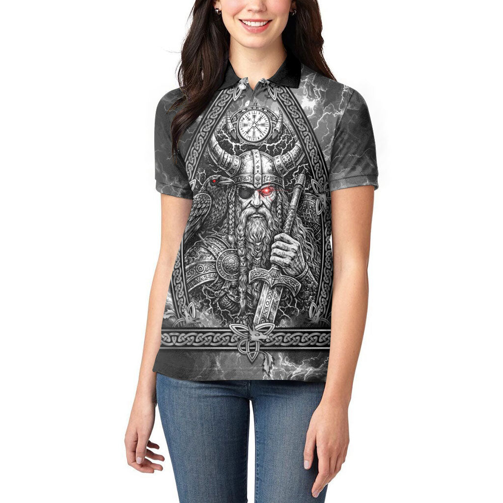 Viking Warrior Raven Axe Vegvisir Women Polo Shirt Odin Warrior Nordic Runic Engraved Illustration Style