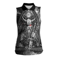Viking Warrior Raven Axe Vegvisir Women Sleeveless Polo Shirt Odin Warrior Nordic Runic Engraved Illustration Style