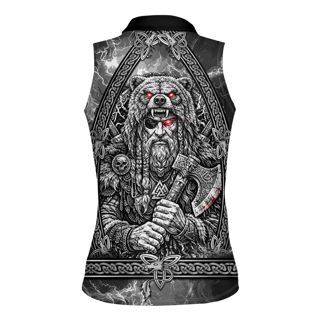Viking Warrior Raven Axe Vegvisir Women Sleeveless Polo Shirt Odin Warrior Nordic Runic Engraved Illustration Style