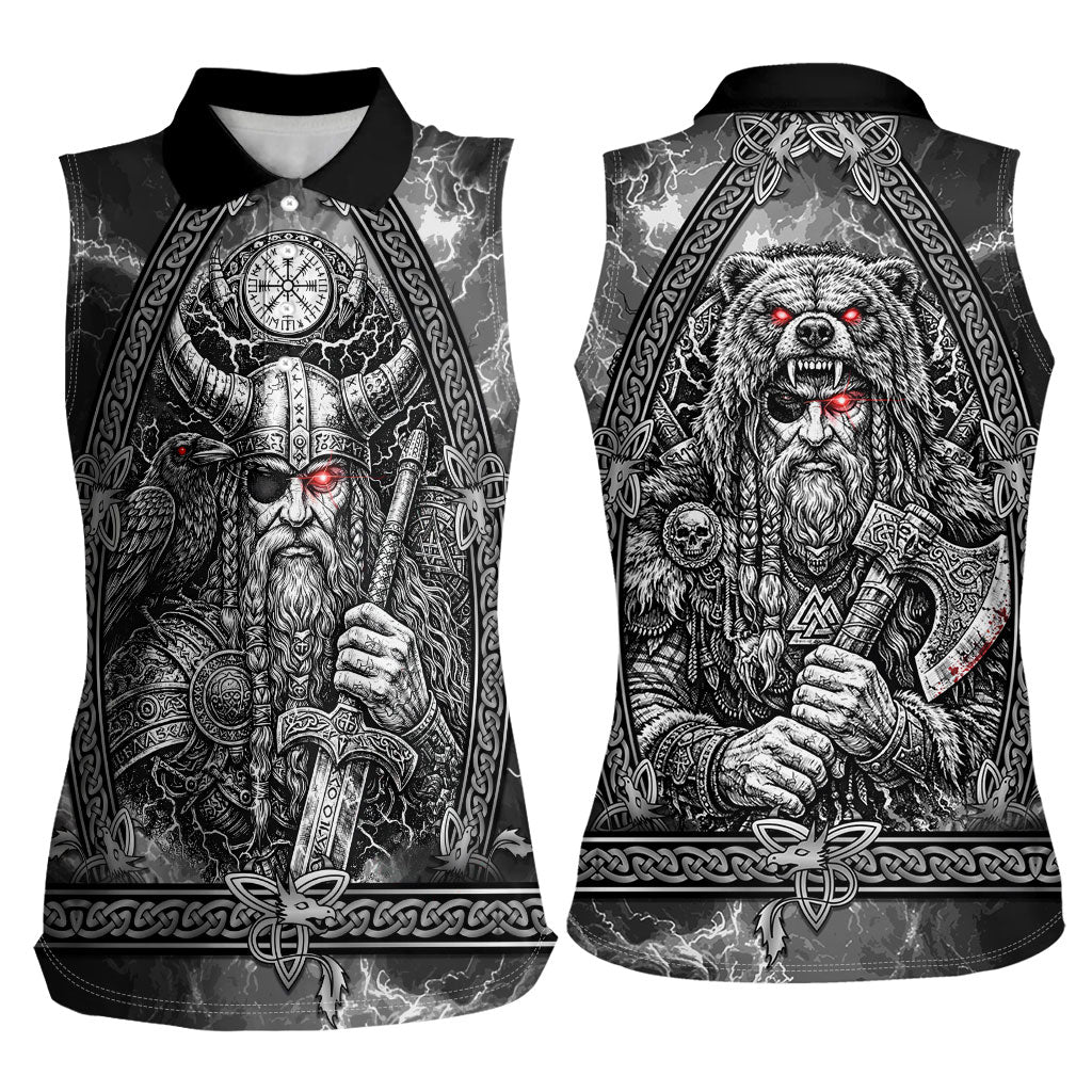 Viking Warrior Raven Axe Vegvisir Women Sleeveless Polo Shirt Odin Warrior Nordic Runic Engraved Illustration Style
