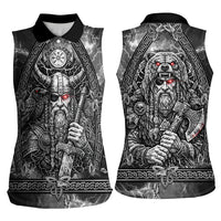 Viking Warrior Raven Axe Vegvisir Women Sleeveless Polo Shirt Odin Warrior Nordic Runic Engraved Illustration Style