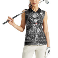 Viking Warrior Raven Axe Vegvisir Women Sleeveless Polo Shirt Odin Warrior Nordic Runic Engraved Illustration Style