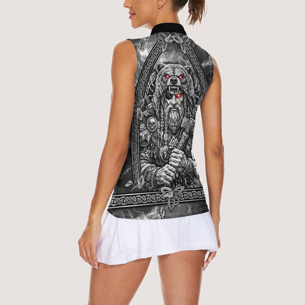 Viking Warrior Raven Axe Vegvisir Women Sleeveless Polo Shirt Odin Warrior Nordic Runic Engraved Illustration Style