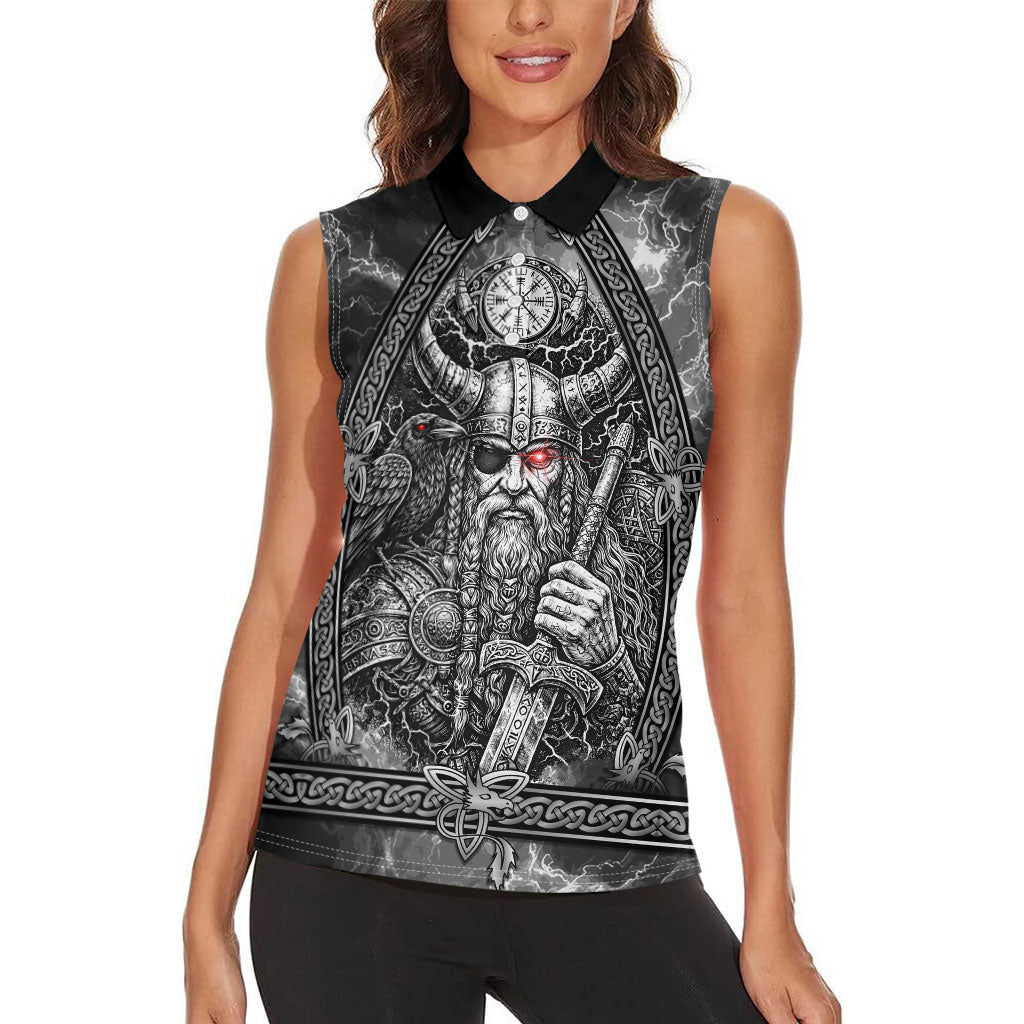Viking Warrior Raven Axe Vegvisir Women Sleeveless Polo Shirt Odin Warrior Nordic Runic Engraved Illustration Style